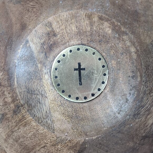 Mudpie Prayer Bowl Wood Wooden Brown Gold Cross Christian Catholic Boho MCM - Picture 7 of 9